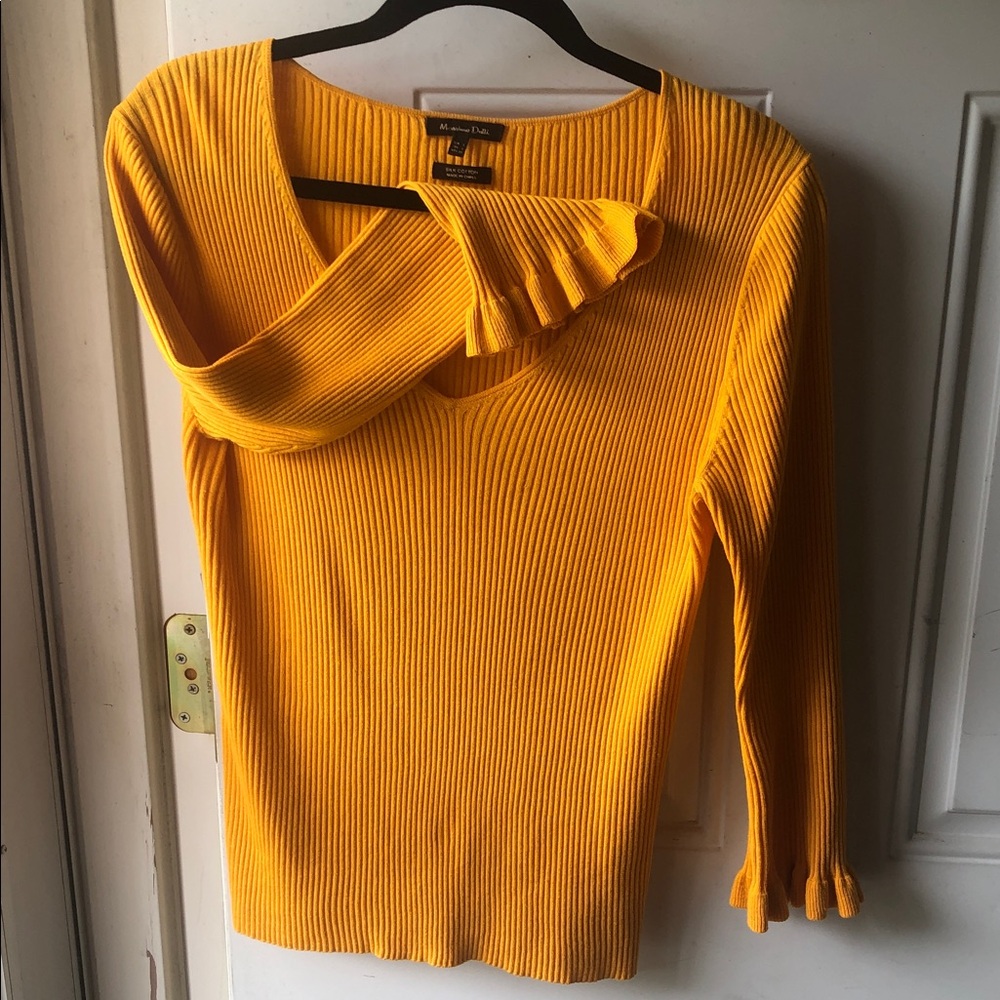Massimo Duti Silk Blend Sweater Yellow Orange 3/4 Sleeve Ruffle Detail